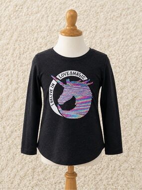 Girls' Black Long-Sleeve Sequin Unicorn Tee